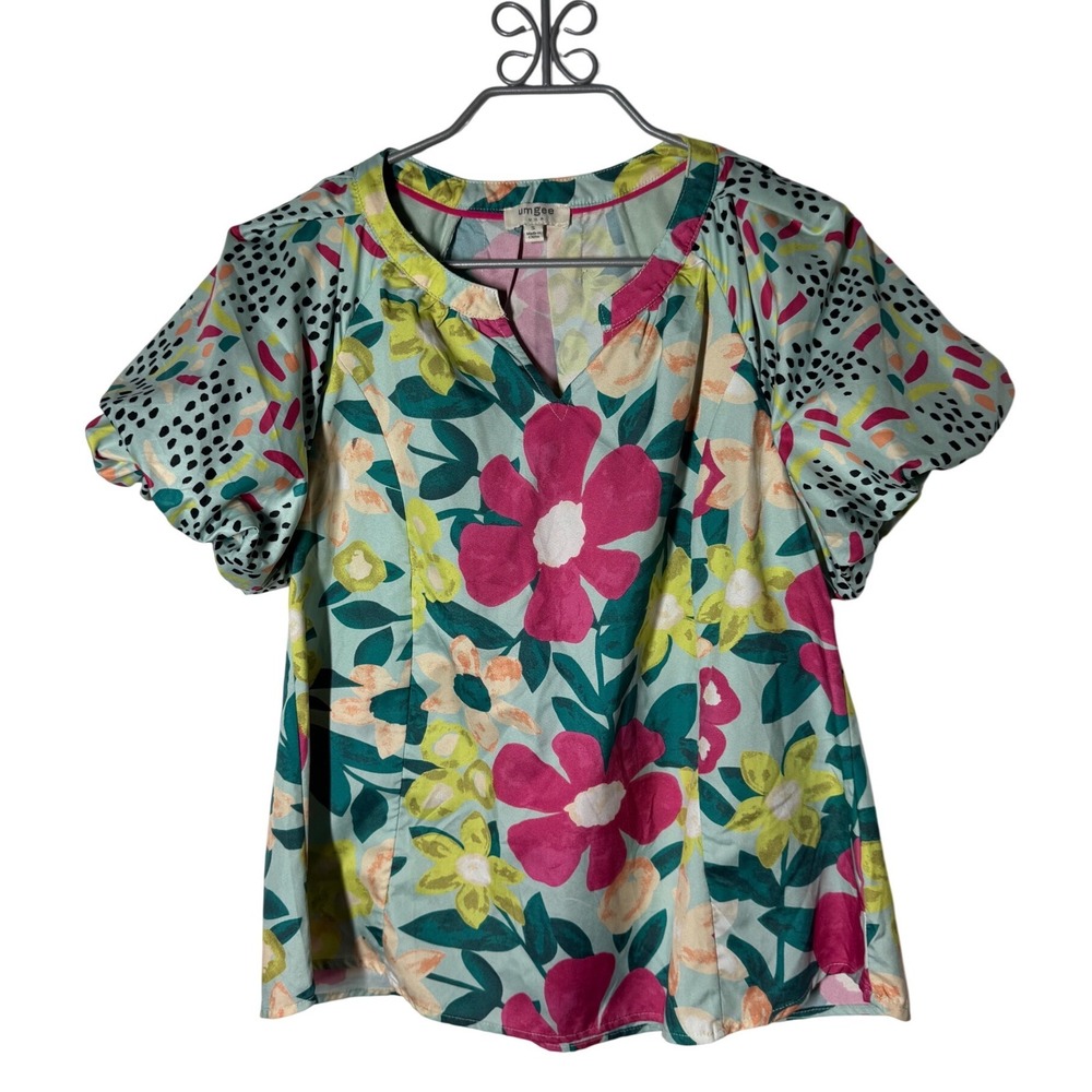 Umgee Floral Puff Sleeve Split Neck Blouse S Blue Pink Excellent Pleated Top